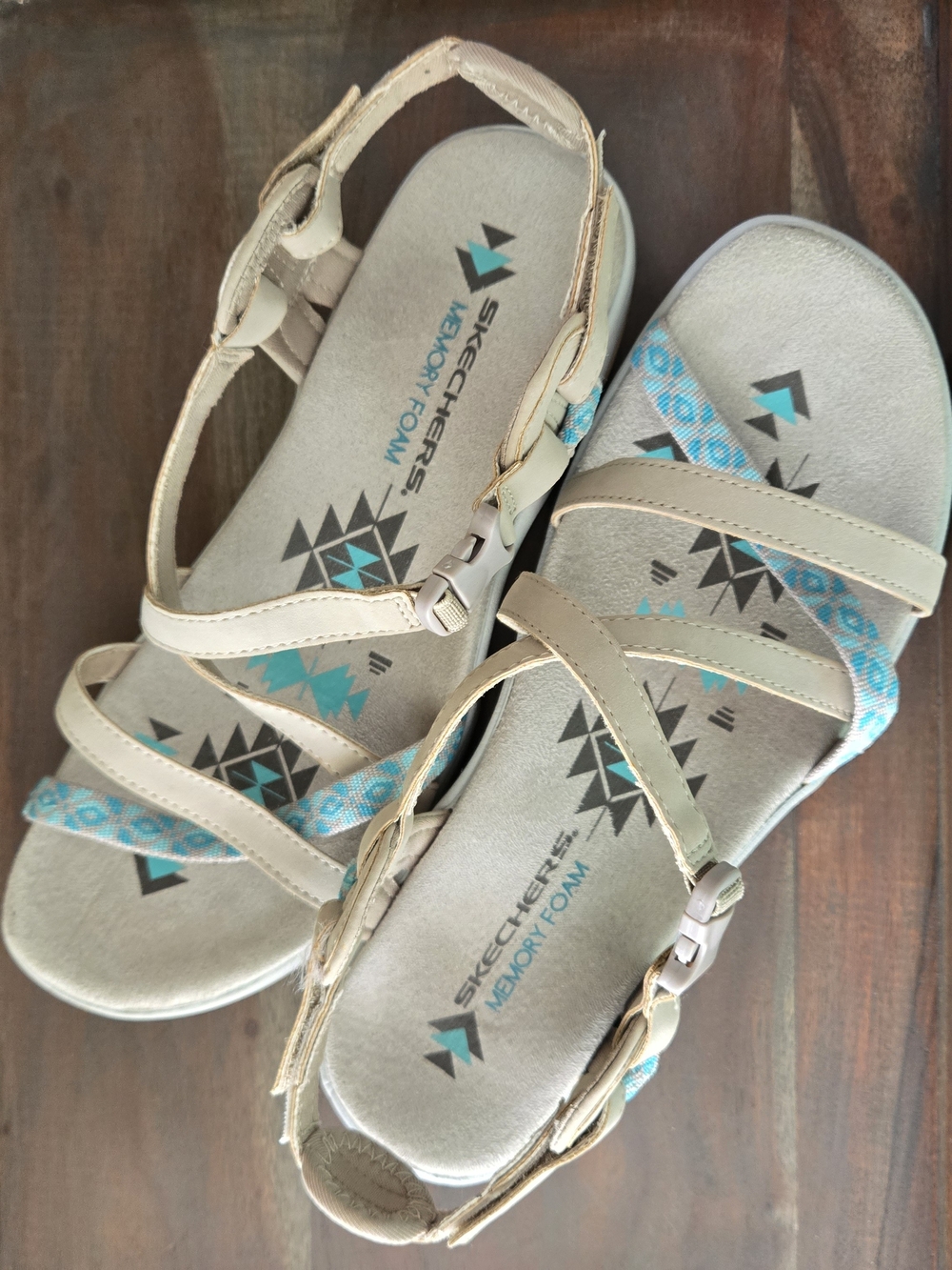 Skechers Beige Strappy Sandals with Aqua Accents